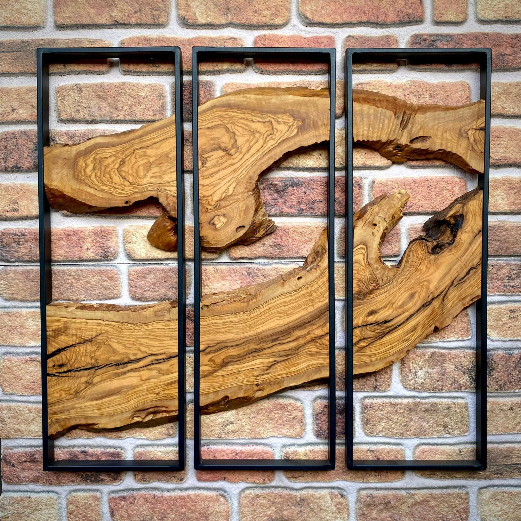 Live Edge Olive Wood Wall Art Set: Rustic Modern Decor, Metal Frame