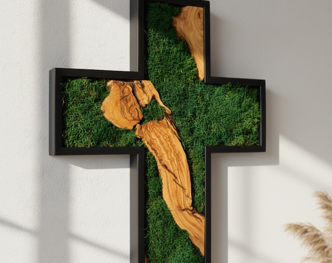 Featured listing image: Handmade Olive Wood & Moss Cross Wall Art: Christian Home Decor