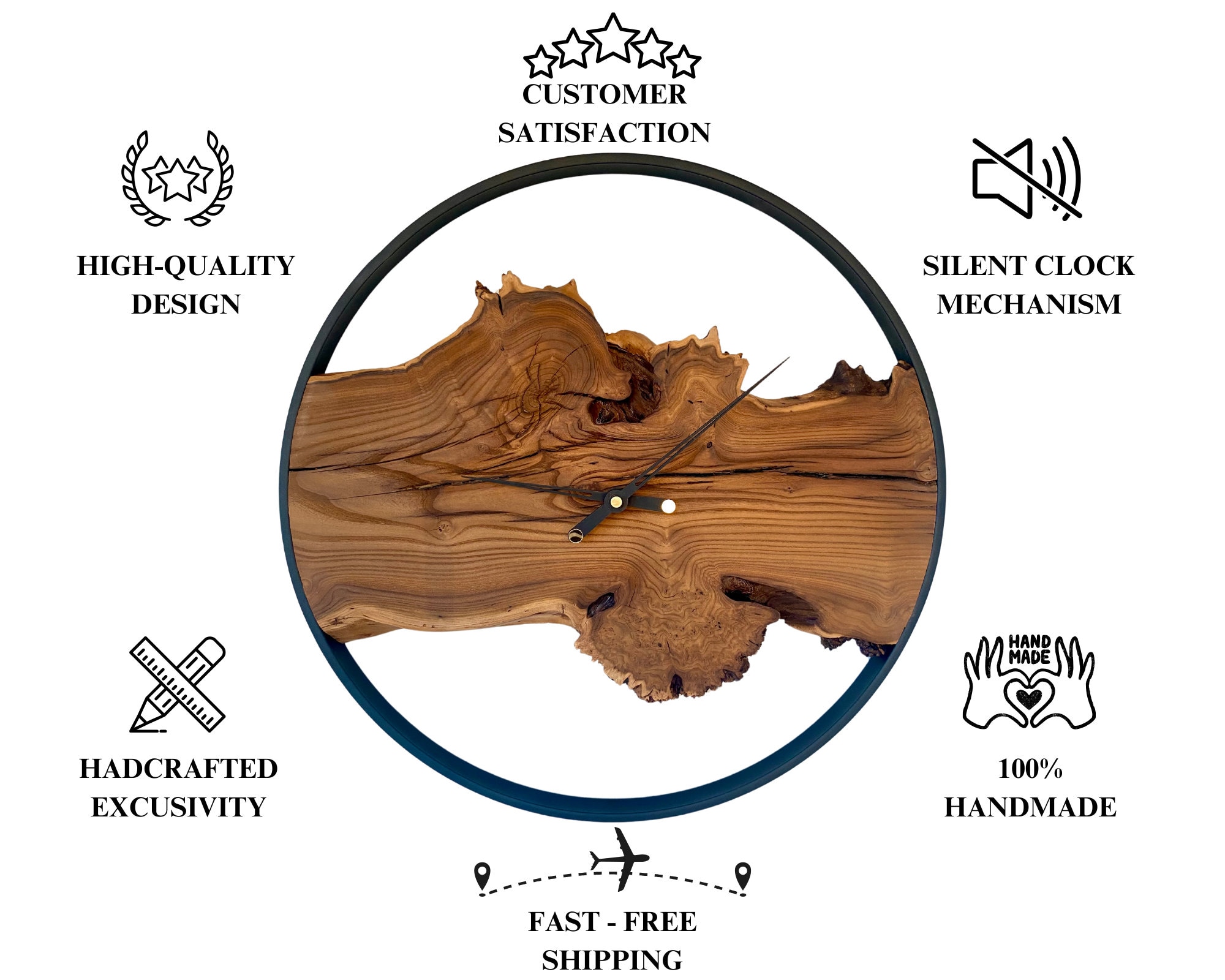 Custom Made Metal & Olive Wood Wall Clock, Wooden Wall Clock, Rustic Wall Clock, Unique Gift, Metal Clock, Home Gift, Housewarming gift