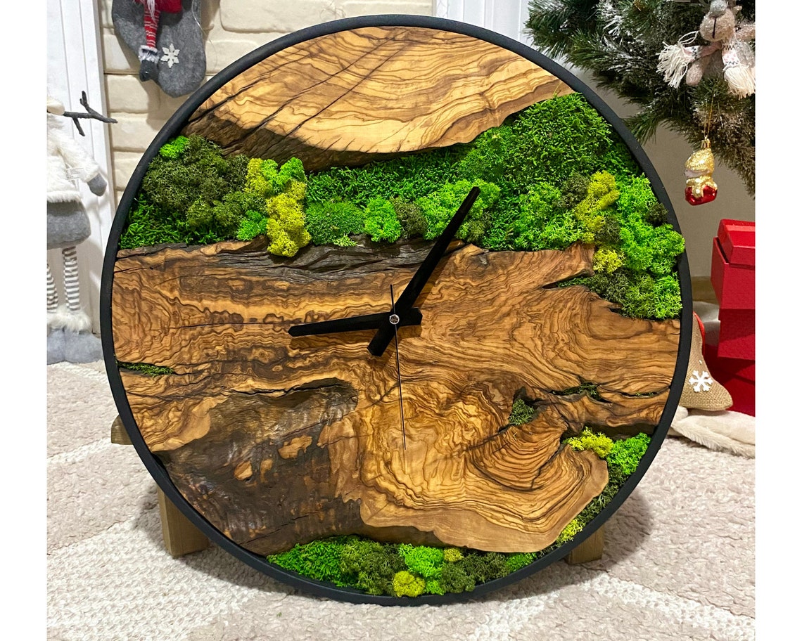 Live Edge Olive Wood Moss Wall Clock: Handmade Botanical Art - Etsy