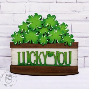 May include: A wooden sign with the words "Lucky You" in green letters. The sign is decorated with a green shamrock plant.
