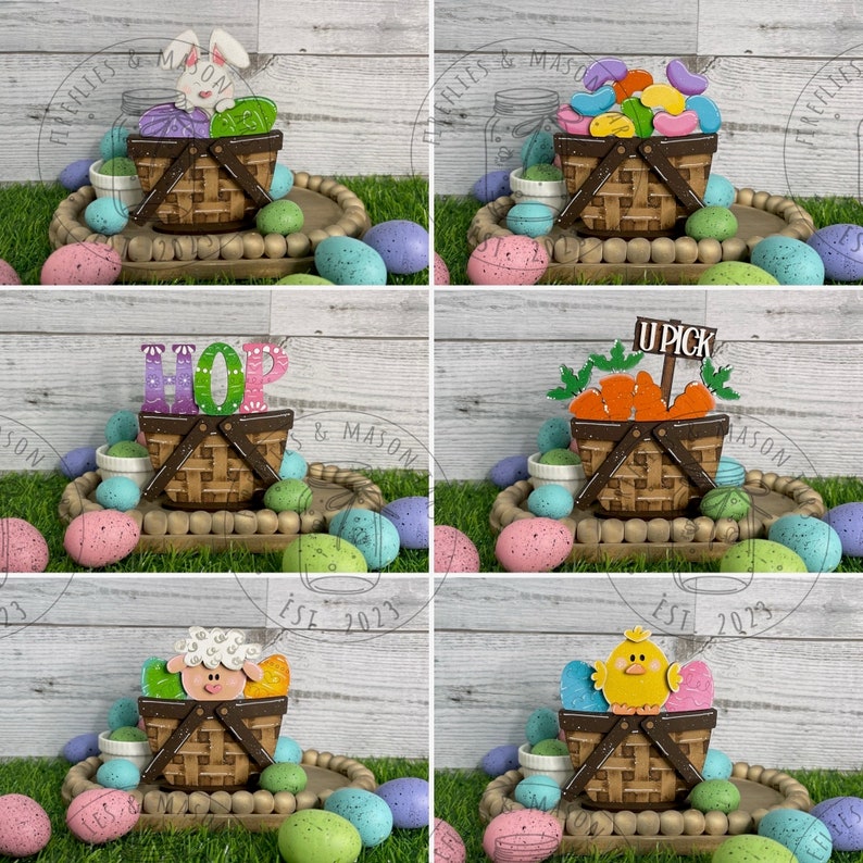 May include: Six different Easter-themed wooden signs with a basket and various decorations. The signs feature a bunny, jelly beans, carrots, the word "HOP", a lamb, and a chick.