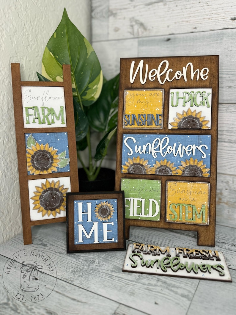 Sunflower MINI Leaning Ladder Tiles Home Decor, Tiered Tray Decor