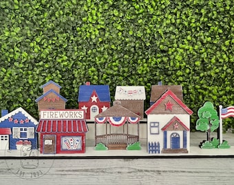 Festive Americana | Village Fourth of July Houses, Decorative Patriotic Standing Houses, Summer Patriotic Display, 4th of July Tiered Tray