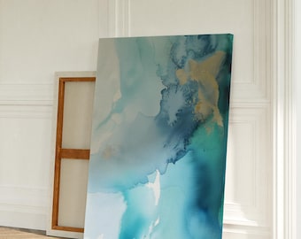 Coastal Blue Canvas Wall Art, Abstract Painting in Teal and Gold, Serene Summer Decor Art for Bedroom Living, Ocean-Inspired Wall Decor 276