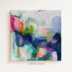 Arte de parede moderna colorida em azul índigo e rosa, impressões de pintura abstrata, arte original multicolorida, arte boho em tela grande | Aurora Muse 247