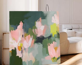 Abstrakte Leinwand Kunst, rosa, grün botanische Kunst für Wohnzimmer oder Schlafzimmer · Blütenhain Nr. 1039