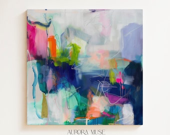 Indigo Blue + Pink Colorful Modern Wall Art, Abstract Painting Art Prints, Multicolor Original Art, Large Canvas Boho Art | Aurora Muse 247
