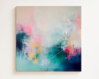 Teal & Gold Abstract Original Art, Calming Zen Wall Art, Bright Colorful Art Prints, Eclectic Boho Large Canvas Decor | Aurora Muse 202