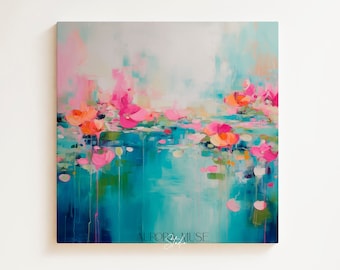 Colorful Modern Wall Art, Abstract Painting Art Prints, Pink and Teal Original Art, Large Canvas Boho Art | Aurora Muse 001