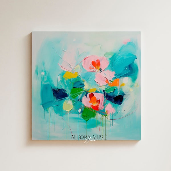 Colorful Modern Wall Art, Bright Colorful Art Prints, Teal and Pink Flower Canvas Art, Large Abstract Wall Art | Aurora Muse 078