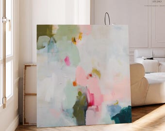 Heiterer Frühlings-Pastell-Kunstdruck mit zarten rosa, salbeigrünen und nebelblauen Pinselstrichen · Frühlingsschleier Nr. 374