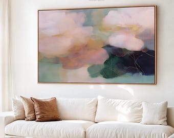 Gerahmte rosa marine botanische Leinwand, moderne Bauernhaus Blumenwandkunst, große abstrakte Blumenmalerei, Cottage Dekor · Verde Blütenblatt Nr. 1090