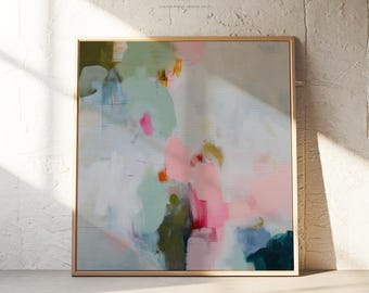 Abstrakte Leinwand Wandkunst, Südländische Küsten Bauernhaus Dekoration, Zart Rosa & Salbei Grün Kunst, Gelassene Schlafzimmer Wand Kunst · Frühlingsschleier Nr. 374