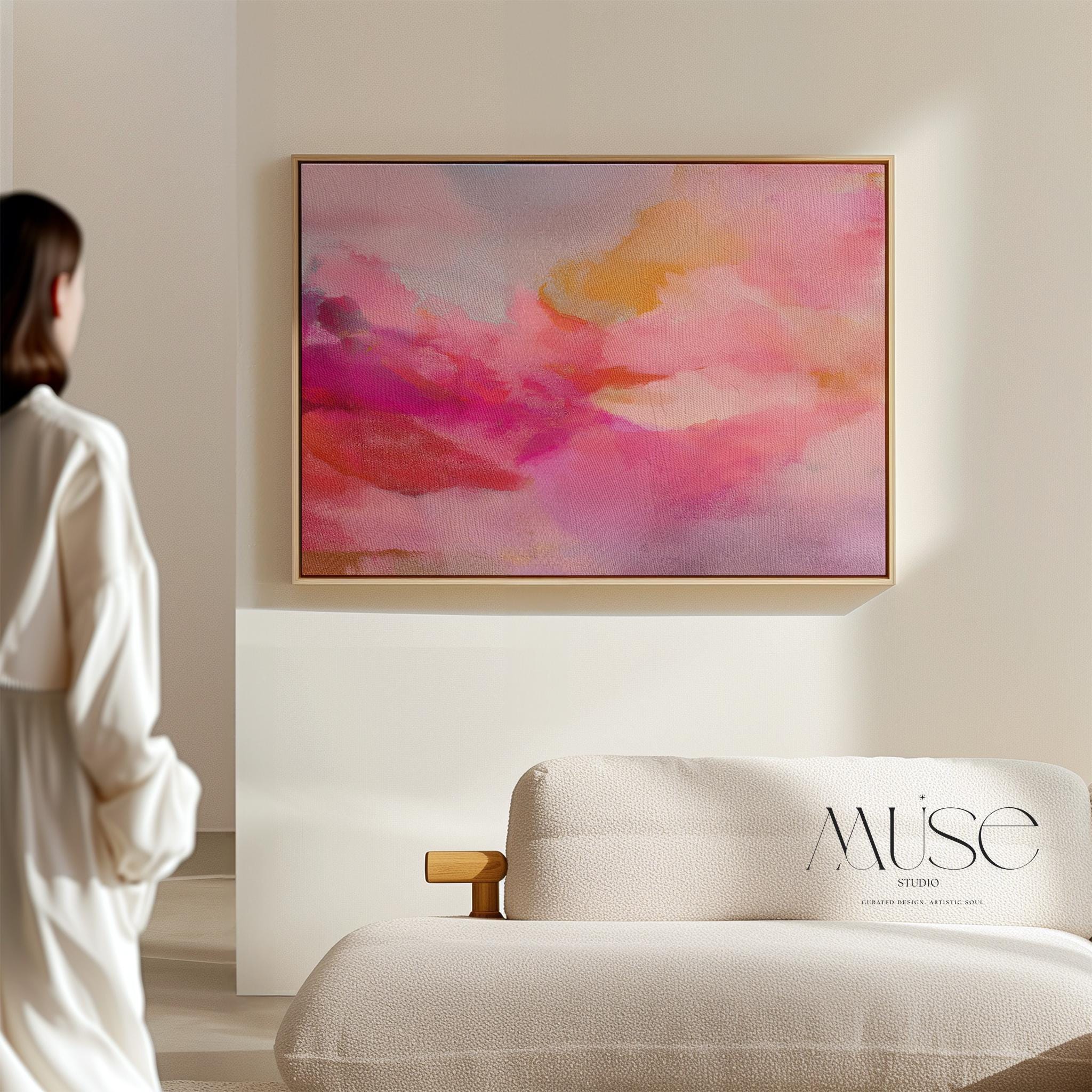 Blush Pink Abstract Canvas Wall Art Horizontal Sunset Painting in