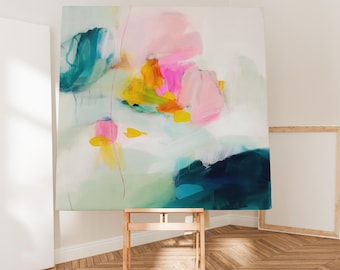 Übergroße abstrakte Leinwand Kunst • Pink Teal Gelb Preppy Buntes Gemälde für Wohnzimmer Dekor • 454 Muse Studio & Co.