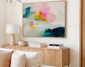 Horizontale bunte abstrakte Kunst gerahmt • Rosa Teal Gelb Modernes Dekor • Mohnfelder No. 454 von Muse Studio & Co.