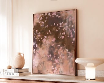Abstract Pink Blossom Framed Canvas | Earthy Minimalist Moody Floral Wall Art — Dawn Nocturne No. 1123