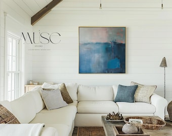 Lienzo enmarcado para pared, pintura abstracta azul con tonos neutros cálidos, decoración de transición moderna, estilo contemporáneo suave para sala de estar 403
