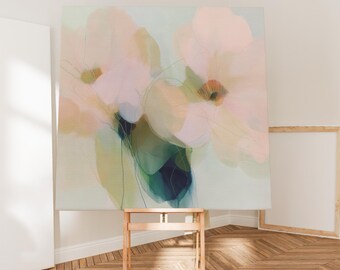 Bauernhaus-Blumenwandkunst, zarte blaue, blush und salbeigrüne Leinwand, botanisches Wohnzimmerdekor, Pastellblumendruck · Celadon Bloom Nr. 1089