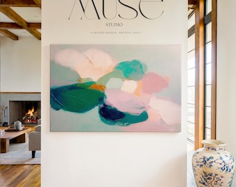 Floral Wall Art, Pink Teal Wall Art, Abstract art Print, Large Horizontal Canvas Art, Teal Art, Modern Preppy Decor | Aurora Muse 001