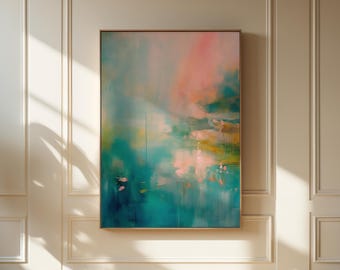 Teal Abstract Wall Art Modern Vertical Canvas Print Soft Contemporary Painting Large Coral Aqua Green Giclee Artwork Living Room Decor 055