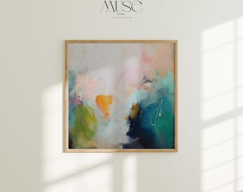 May include: Abstract art print in a natural wood frame. The artwork features a blend of colors including pink, green, orange, and blue, with black line details. The word "muse" is at the top of the image.