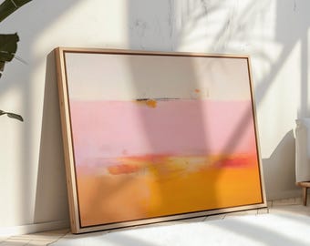 フレーム付き抽象ウォールアート 横長キャンバス絵画 ピンクオレンジ ミニマリスト モダン ジクレープリント 大型リビングルーム装飾 家庭用 068