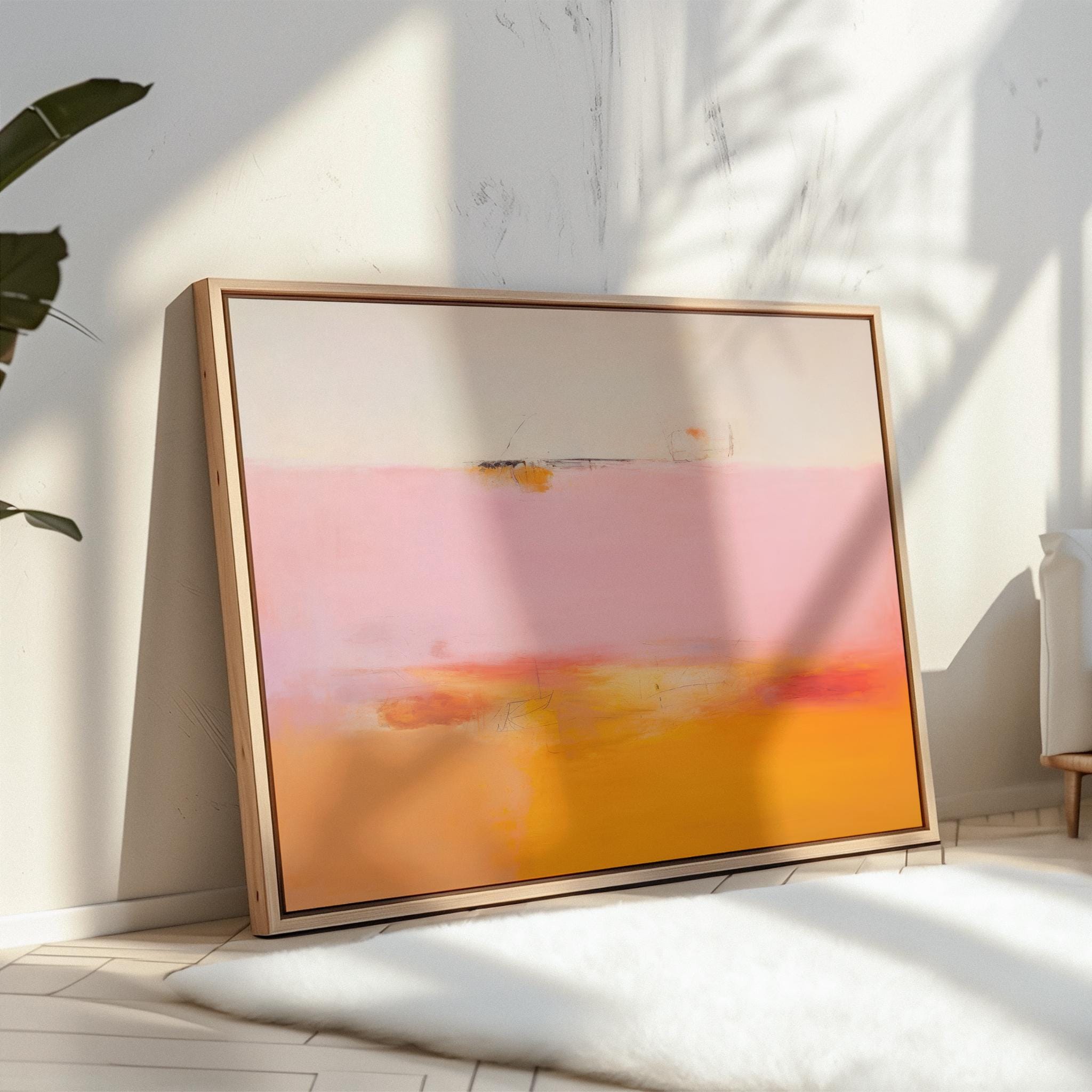 Framed Abstract Wall Art Horizontal Canvas Painting Pink Orange Minimalist Modern Giclee Print Large Living Room Decor for Home 068