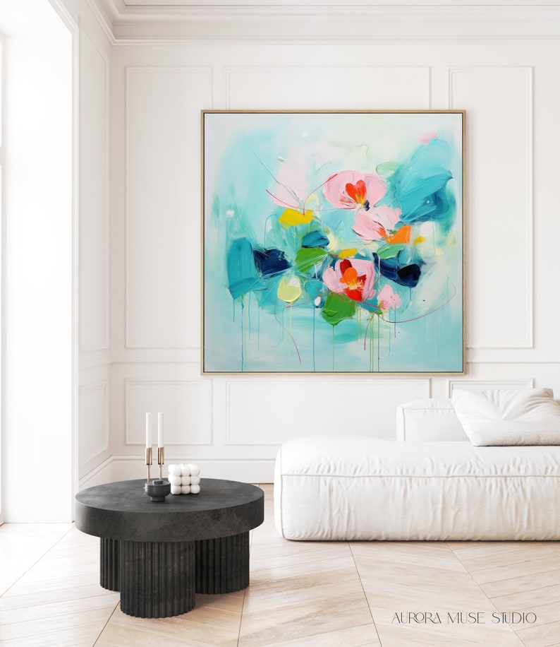 Colorful Modern Wall Art, Bright Colorful Art Prints, Teal and Pink Flower Canvas Art, Large