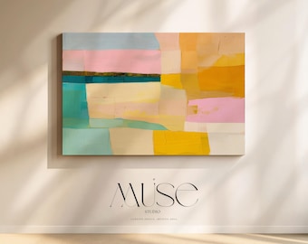 Horizontal Canvas Wall Art, Pink Yellow Mint Abstract Painting, Extra Large Giclée Print for Bedroom Office, Colorful Boho Decor, MUSE 527