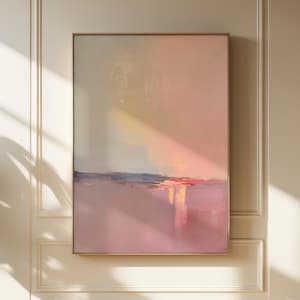 May include: Abstract landscape painting in a gold frame. The artwork features a blend of pink, purple, and blue hues, with a soft, blurred effect. The painting is mounted on a white wall with decorative moulding.