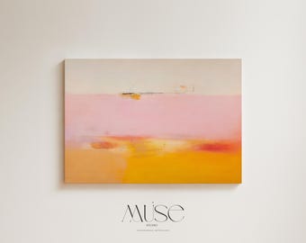 Minimalistischer Landschafts-Leinwanddruck in Rosa und Gold, warmes, modernes Wanddekor im Querformat, sonnengebräuntes Rosa Nr. 068