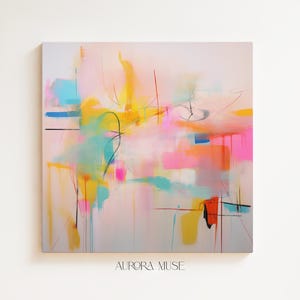 May include: Abstract painting featuring a pink, yellow, blue and green colour scheme. The painting has a light, airy feel and is full of movement. The artist's signature, "AURORA MUSE", is visible in the bottom right corner.