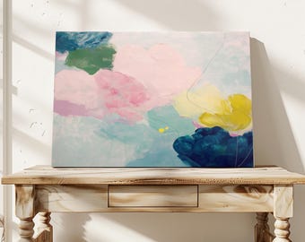 Pastell Abstrakte Kunst, Große Horizontale Leinwand in Blush Rosa Teal Gelb für Wohnzimmer Muse Studio Frühlingsblüten Nr. 1057