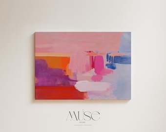 Color Block Landscape Canvas Wall Art Giclée Print • Pink Blue Red Abstract Painting • Horizontal XL Office or Living Room Decor • MUSE 515