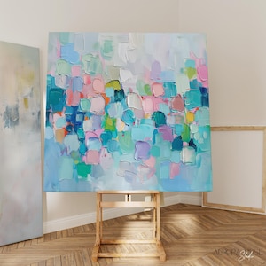Large abstract blue pink green painting colorful Canvas, Large Abstract Print painting. Canvas painting, large art print gift for home 301