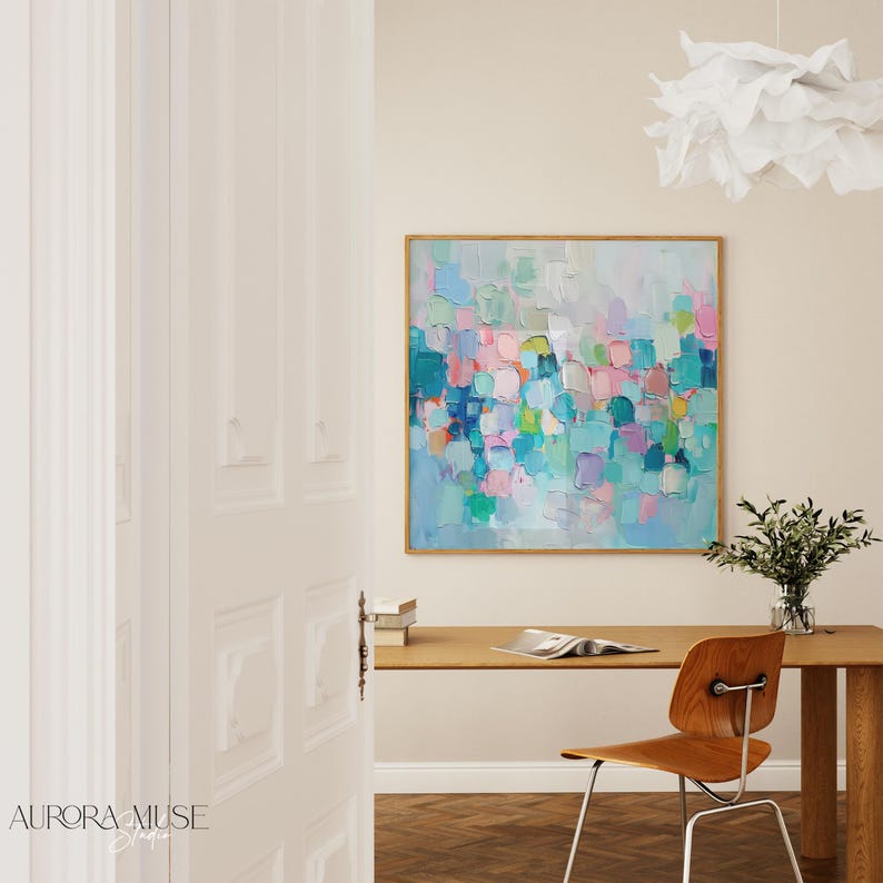 Large Abstract Blue Pink Green Painting Colorful Canvas, Large Abstract