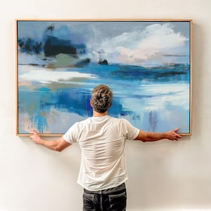 Ingelijste abstracte kustmuurkunst in blauw en zand, horizontale canvas giclee, extra grote moderne woonkamer of decor strandhuis 347