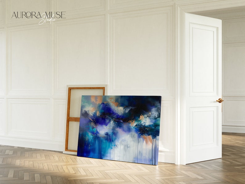 Indigo Blue Wall Art Modern Night Sky Abstract Canvas, Large Framed