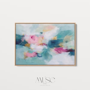 Pink and Teal Canvas Wall Art, Horizontal Floating Framed Art, Large Dreamy Bedroom Decor, Warm Minimalist Statement Painting, MUSE 497 Framed Canvas Art Colorful abstract wall art on framed canvas, perfect for bold decor art and modern wall decor. Large statement piece with expressive brushstrokes and rich textures. Ready-to-hang giclée canvas designed to energize living rooms, offices, bedrooms and curated interiors. Muse Studio Decor Art.