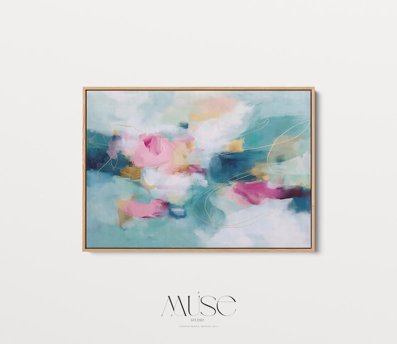 Pink and Teal Canvas Wall Art, Horizontal Floating Framed Art, Large Dreamy Bedroom Decor, Warm Minimalist Statement Painting, MUSE 497 Framed Canvas Art Colorful abstract wall art on framed canvas, perfect for bold decor art and modern wall decor. Large statement piece with expressive brushstrokes and rich textures. Ready-to-hang giclée canvas designed to energize living rooms, offices, bedrooms and curated interiors. Muse Studio Decor Art.