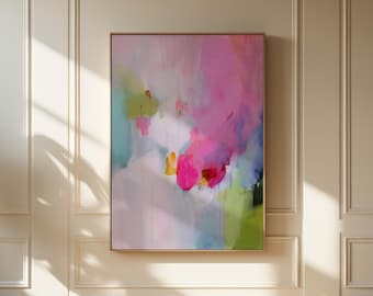 Framed Abstract Canvas Art Vertical Pink Green Painting Colorful Modern Wall Decor for Bedroom or Office | 425