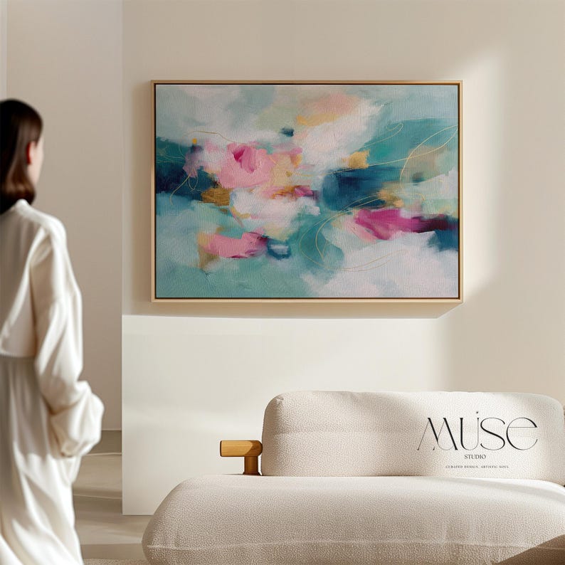 Pink and Teal Canvas Wall Art, Horizontal Floating Framed Art, Large Dreamy Bedroom Decor, Warm Minimalist Statement Painting, MUSE 497