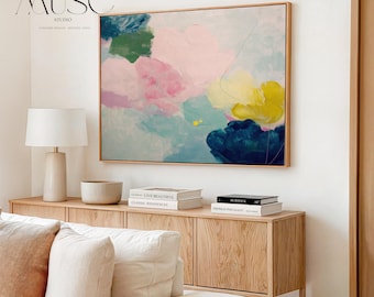 Große horizontale Leinwand in Blush Pink Teal Gelb für Wohnzimmer Muse Studio Frühlingsblüten No. 1057