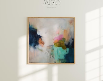 May include: Abstract art print in a wooden frame. The artwork features a blend of colors, including navy, teal, pink, and beige. The word "muse" is printed at the top. The painting has a modern, expressive style.