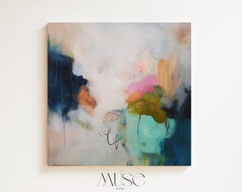 May include: Abstract square painting with a muted color palette. The artwork features a blend of blues, greens, pinks, and oranges, with a soft, textured appearance. The word "MUSE" is at the bottom.