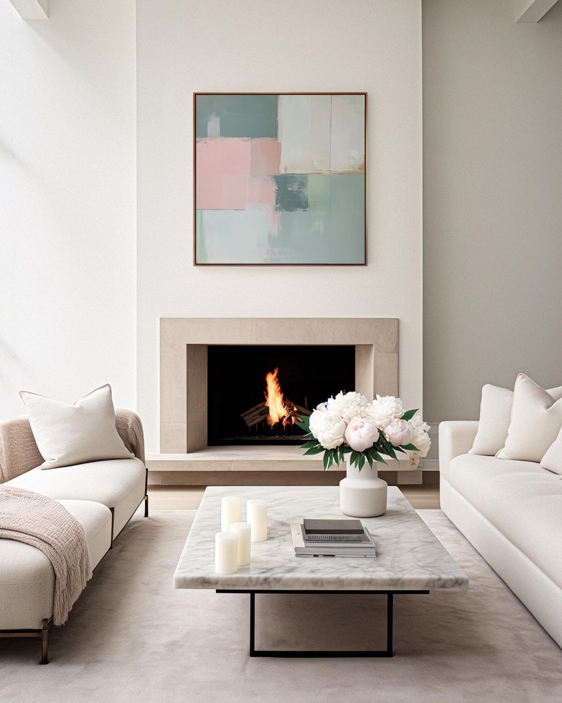 Framed Wall Art, Large Square Abstract Painting, Pink and Sage Green