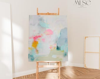 Abstrakte Kunst auf Leinwand, Blush Pink Petrol Gemälde für Schlafzimmer Nebliger Garten Nr. 1063