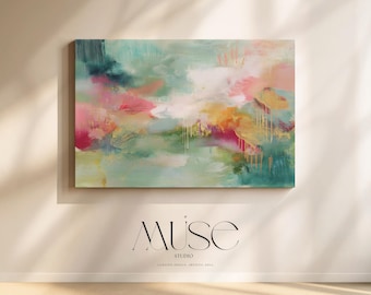 Green Pink Abstract Giclée Print: Eclectic Framed Canvas Wall Art 275a